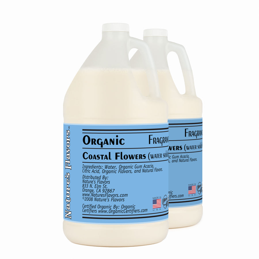 2 Jugs labeled, "Organic Coastal Flowers Fragrance Emulsion (Water Soluble)"