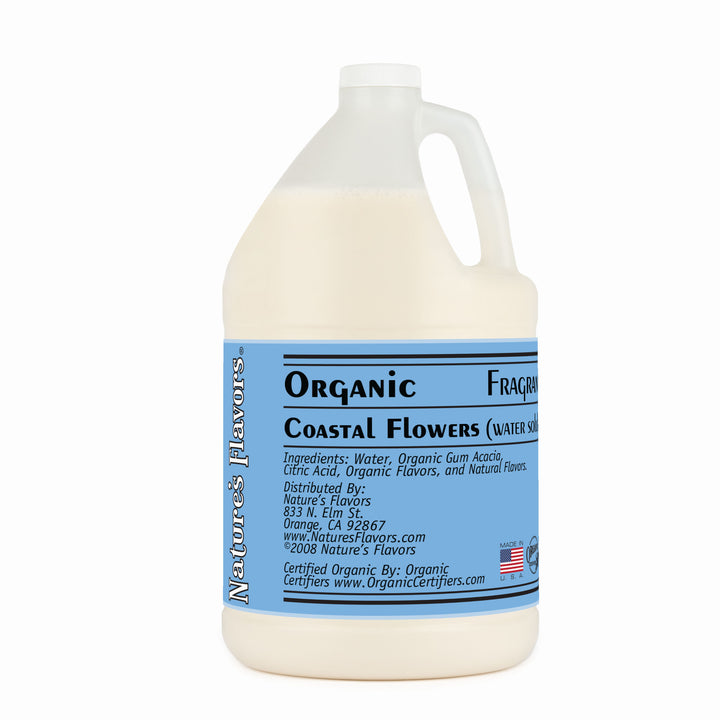 Jug labeled, "Organic Coastal Flowers Fragrance Emulsion (Water Soluble)"