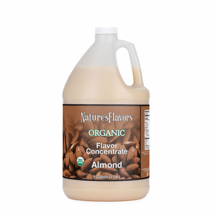 Jug labeled, "Organic Flavor Concentrate Almond"