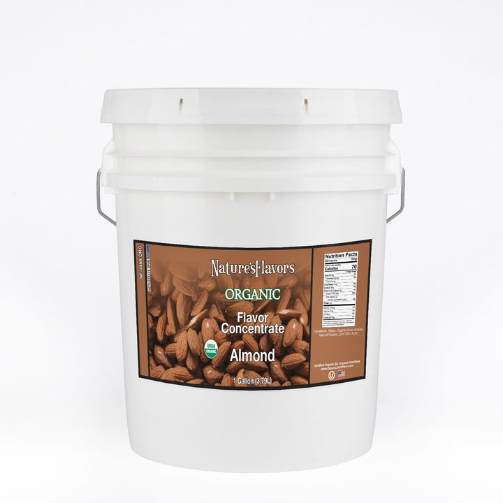 White Bucket labeled, "Organic Flavor Concentrate Almond"