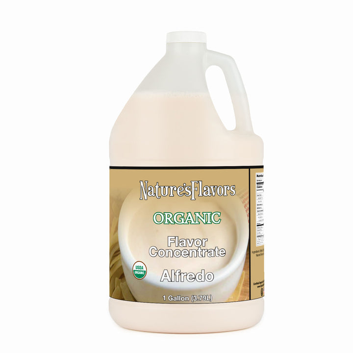 Jug labeled, "Organic Flavor Concentrate Alfredo"