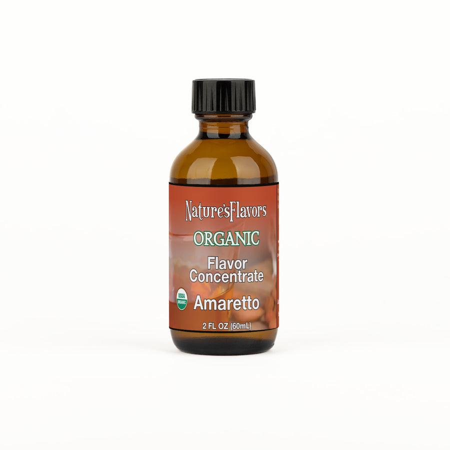 Bottle labeled, "Organic Flavor Concentrate Amaretto".