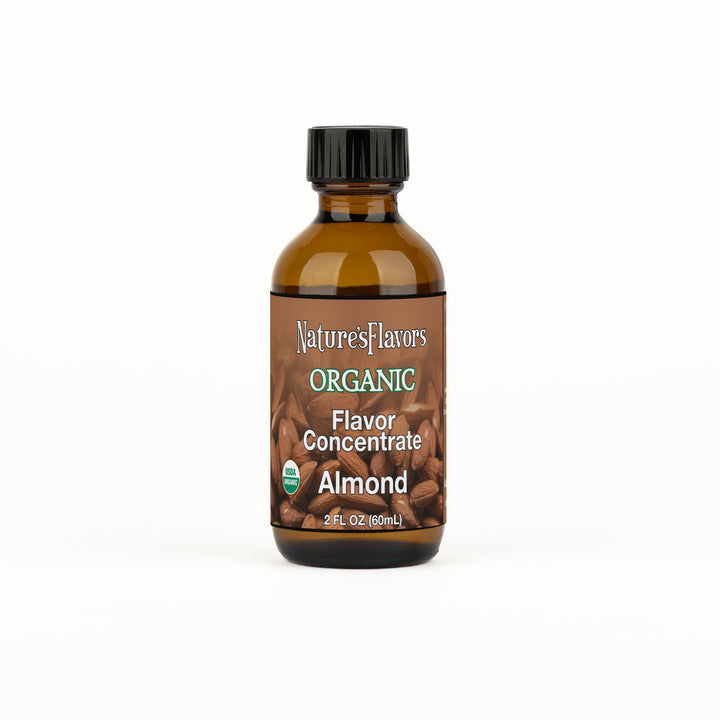Bottle labeled, "Organic Flavor Concentrate Almond"