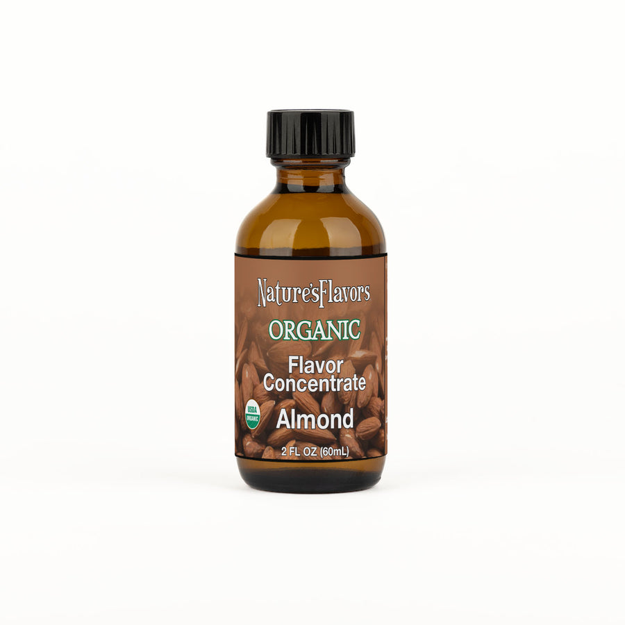 Bottle labeled, "Organic Flavor Concentrate Almond"