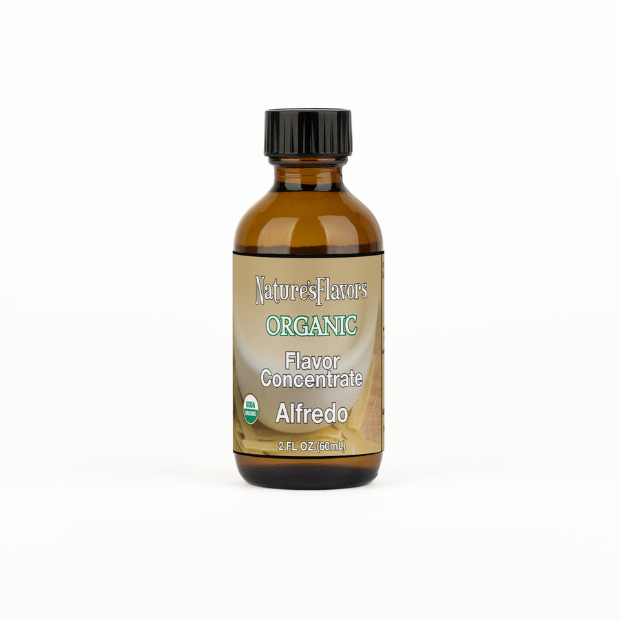 Bottle labeled, "Organic Flavor Concentrate Alfredo"