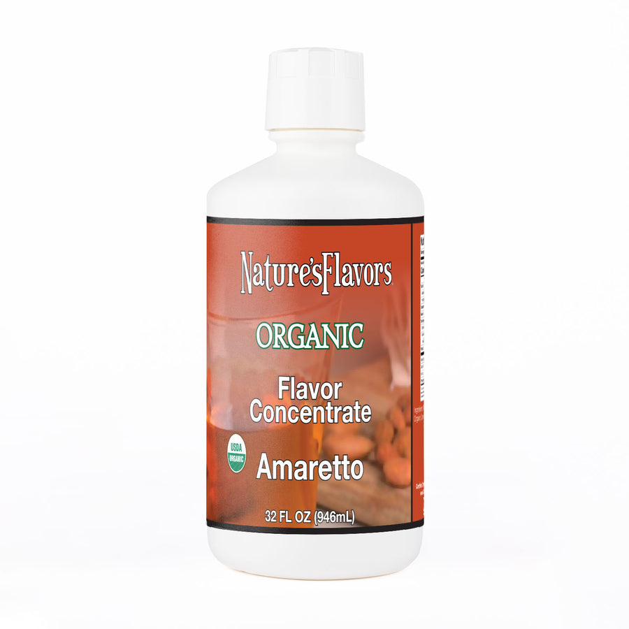 White Bottle Labeled, "Organic Flavor Concentrate Amaretto"