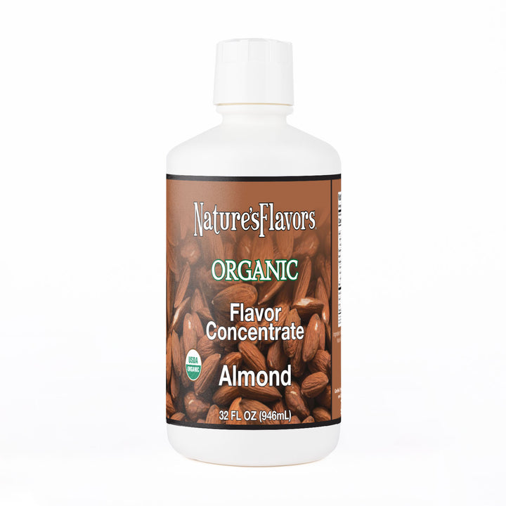 White Bottle labeled, "Organic Flavor Concentrate Almond"