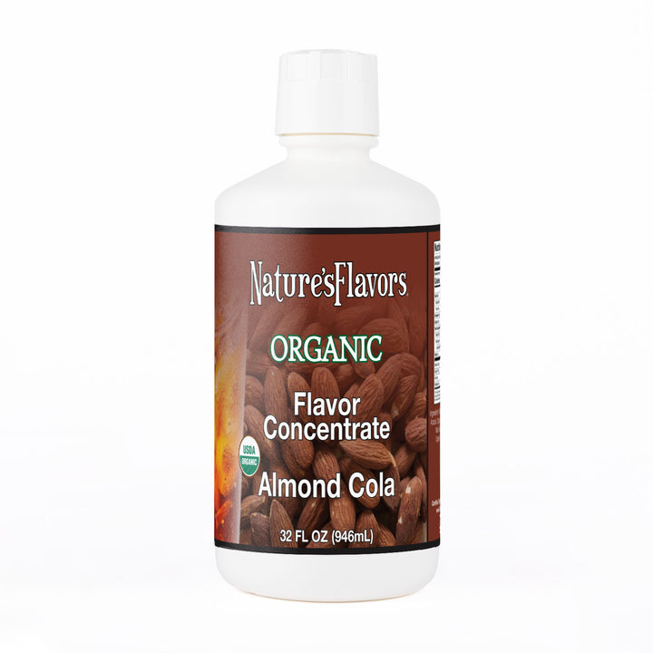 White Bottle labeled, "Organic Flavor Concentrate Almond Cola"