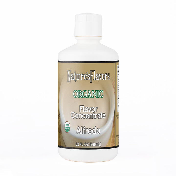 White Bottle labeled, "Organic Flavor Concentrate Alfredo"