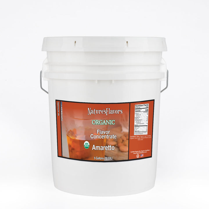 White Bucket Labeled, "Organic Flavor Concentrate Amaretto"