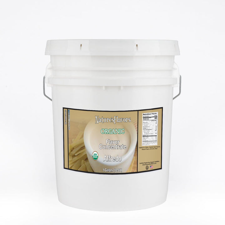 White bucket labeled, "Organic Flavor Concentrate Alfredo"