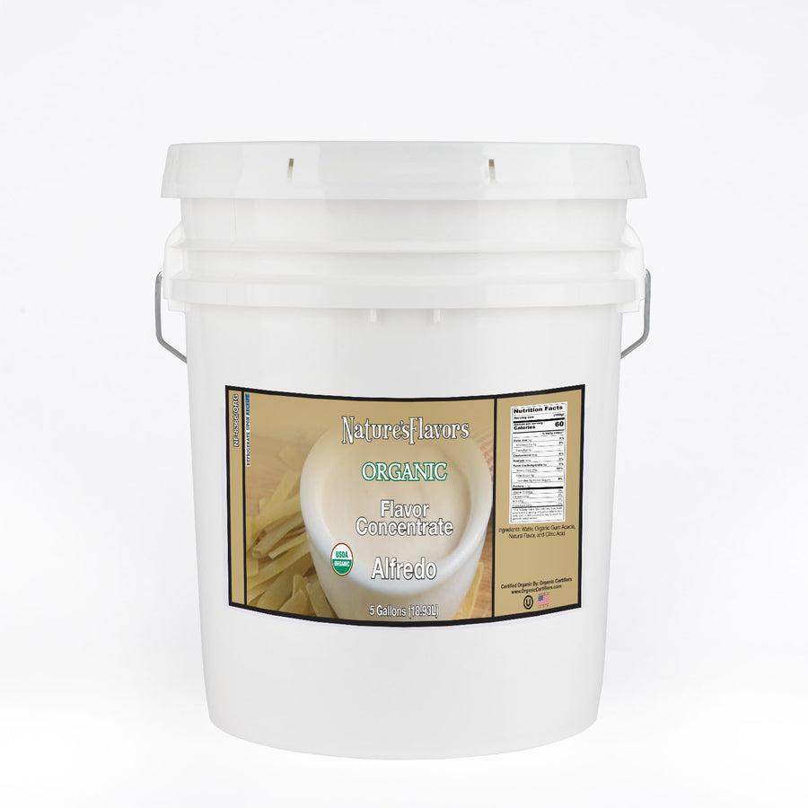 White bucket labeled, "Organic Flavor Concentrate Alfredo"