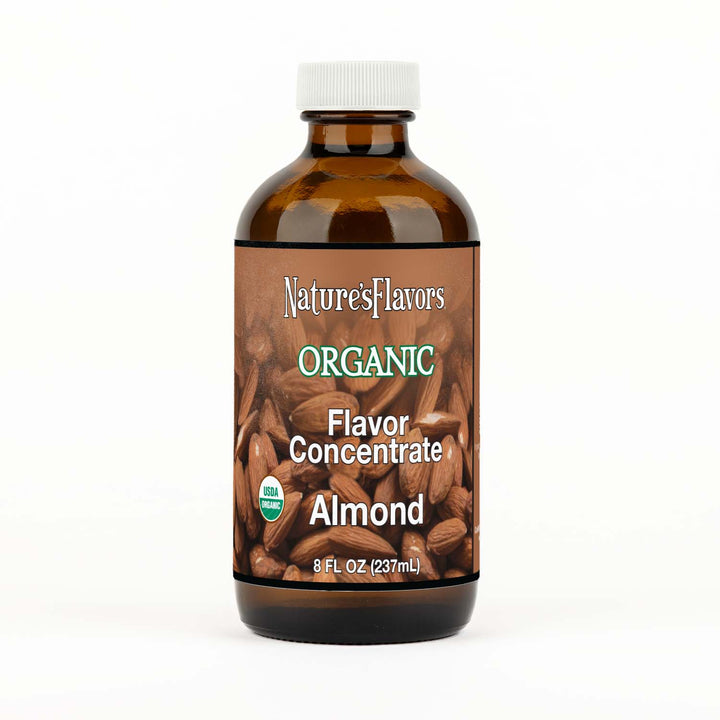 Bottle labeled, "Organic Flavor Concentrate Almond"