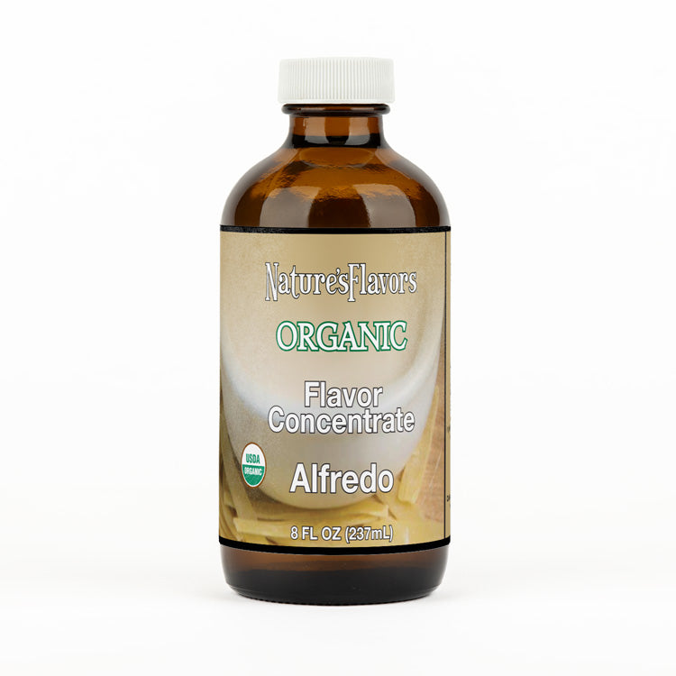 Bottle labeled, "Organic Flavor Concentrate Alfredo"
