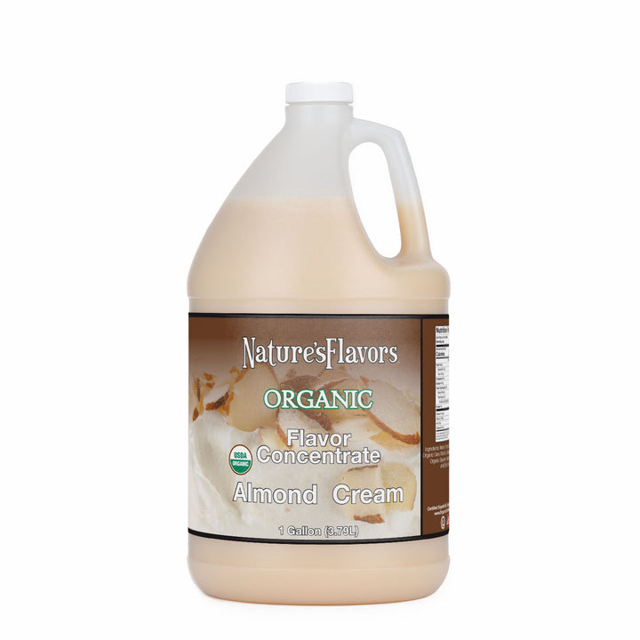 Jug labeled, "Organic Flavor Concentrate Almond Cream"