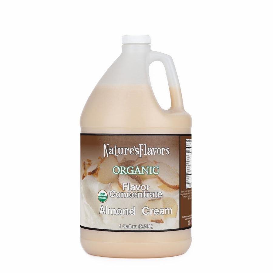 Jug labeled, "Organic Flavor Concentrate Almond Cream"
