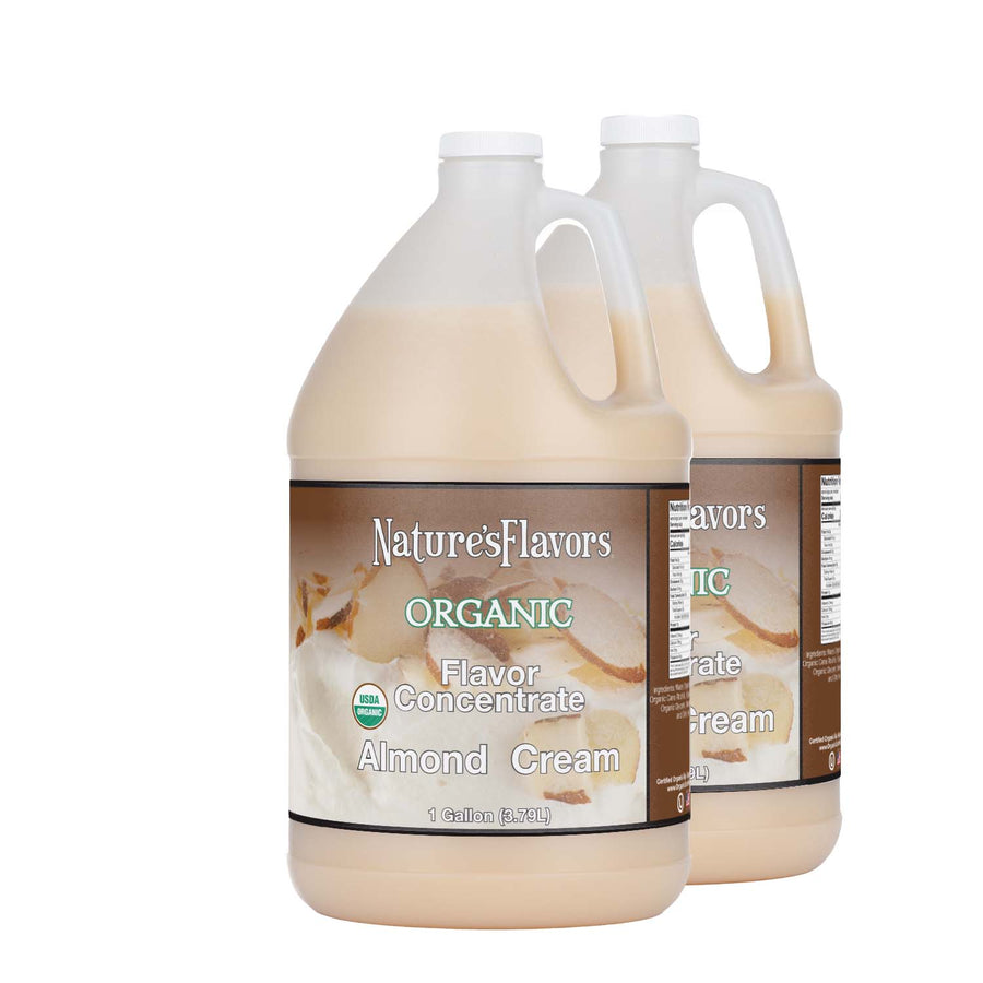 2 Jugs labeled, "Organic Flavor Concentrate Almond Cream"