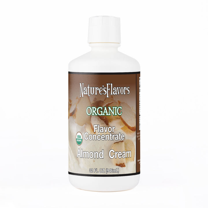 White Bottle labeled, "Organic Flavor Concentrate Almond Cream"