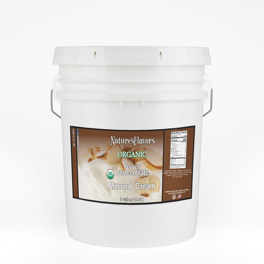 White bucket labeled, "Organic Flavor Concentrate Almond Cream"