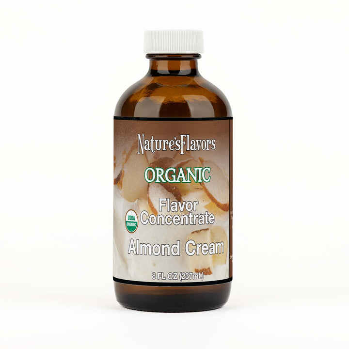 Bottle labeled, "Organic Flavor Concentrate Almond Cream"