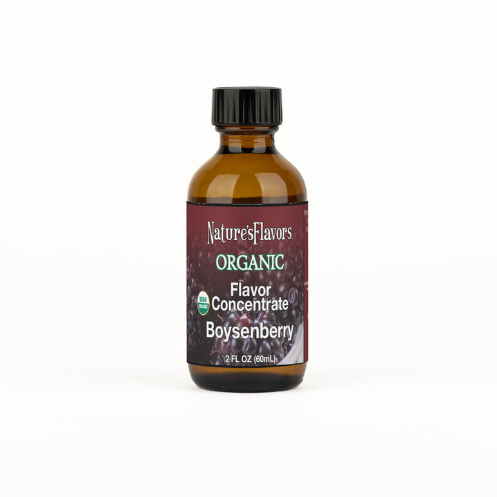 Bottle Labeled, "Organic Flavor Concentrate Boysenberry"