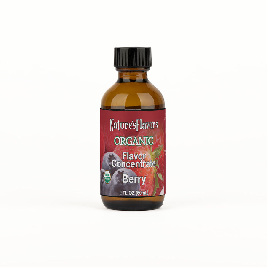 Bottle Labeled, "Organic Flavor Concentrate Berry".