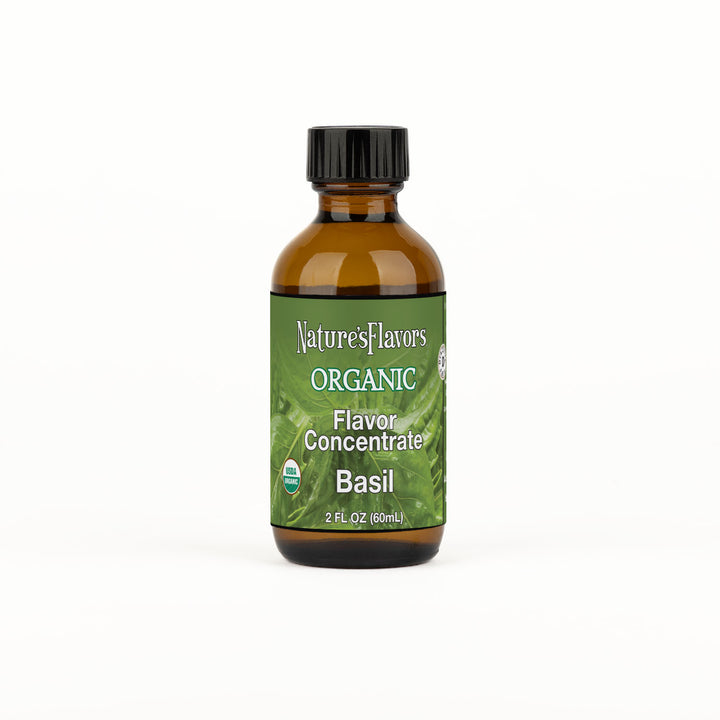 Bottle labeled, "Organic Flavor Concentrate Basil"