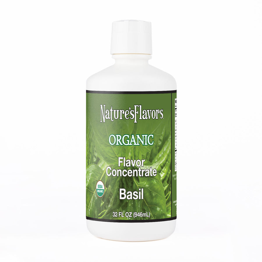 White Bottle Labeled, "Organic Flavor Concentrate Basil"
