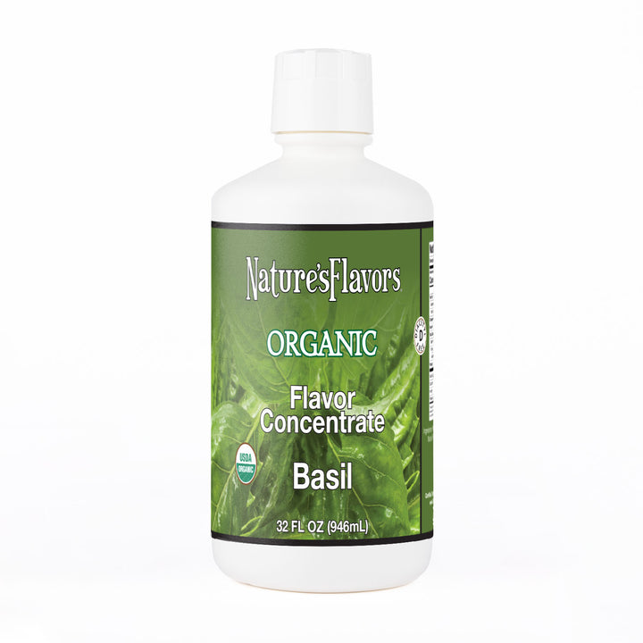 White Bottle labeled, "Organic Flavor Concentrate Basil"