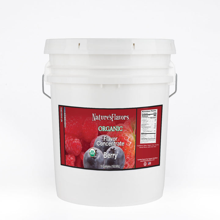 White Bucket Labeled, "Organic Flavor Concentrate Berry".