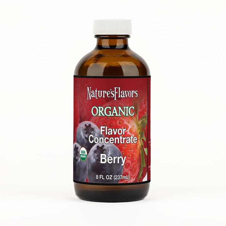 Bottle Labeled, "Organic Flavor Concentrate Berry".