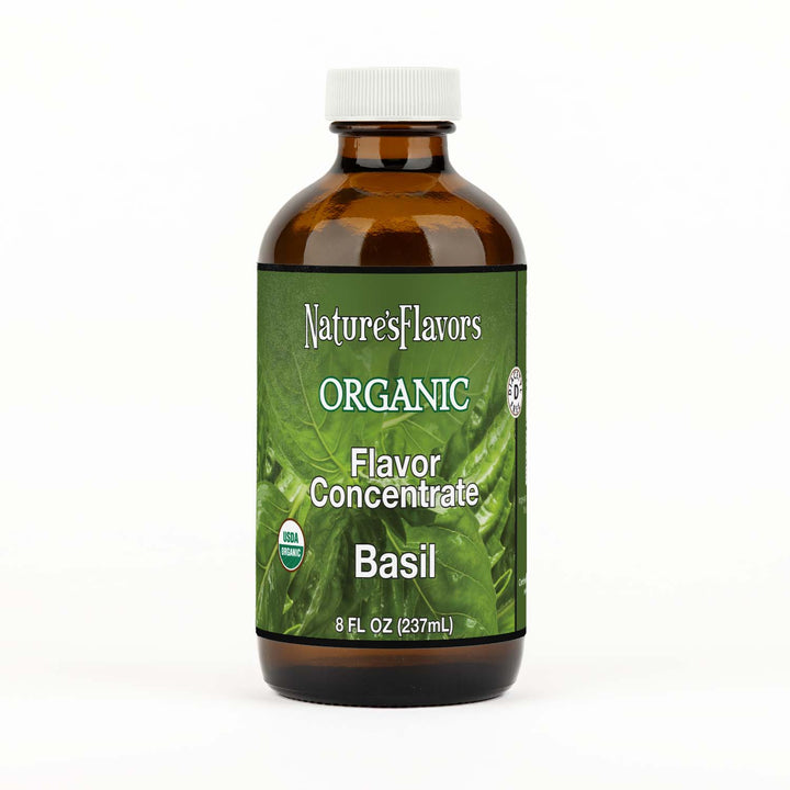 Bottle labeled, "Organic Flavor Concentrate Basil"