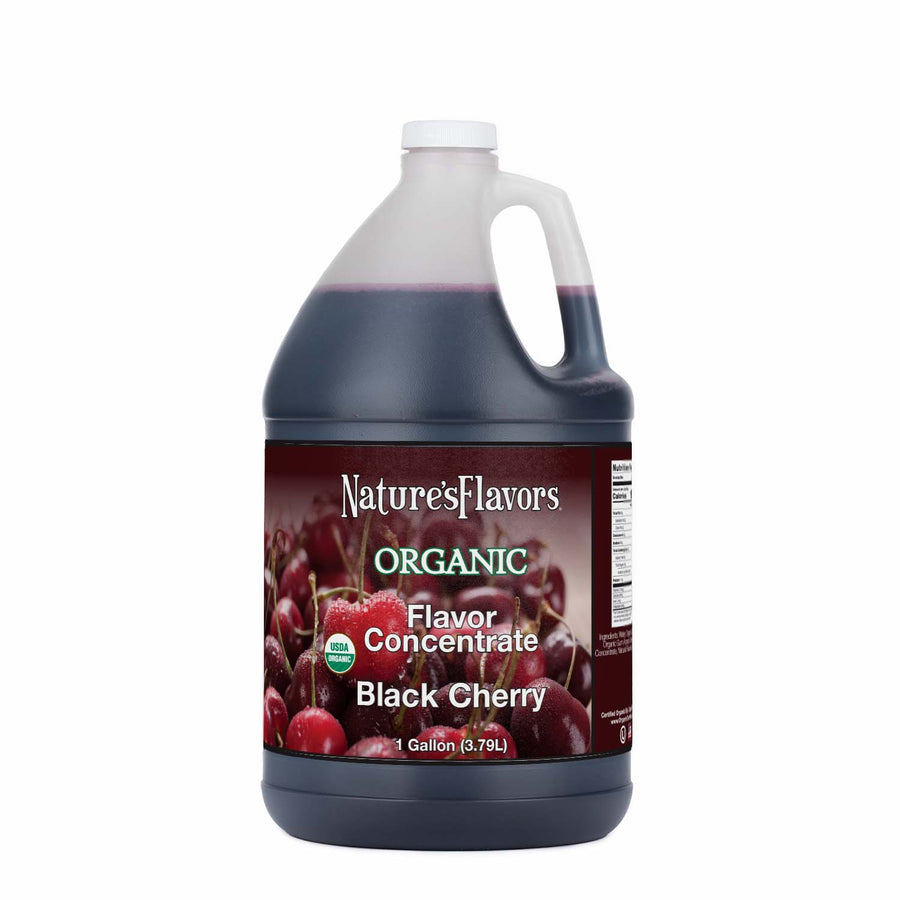 Jug labeled, "Organic Flavor Concentrate Black Cherry".