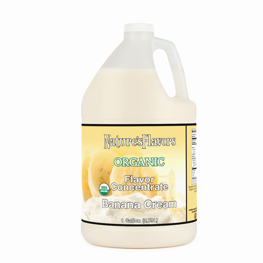 Jug labeled, "Organic Flavor Concentrate Banana Cream"