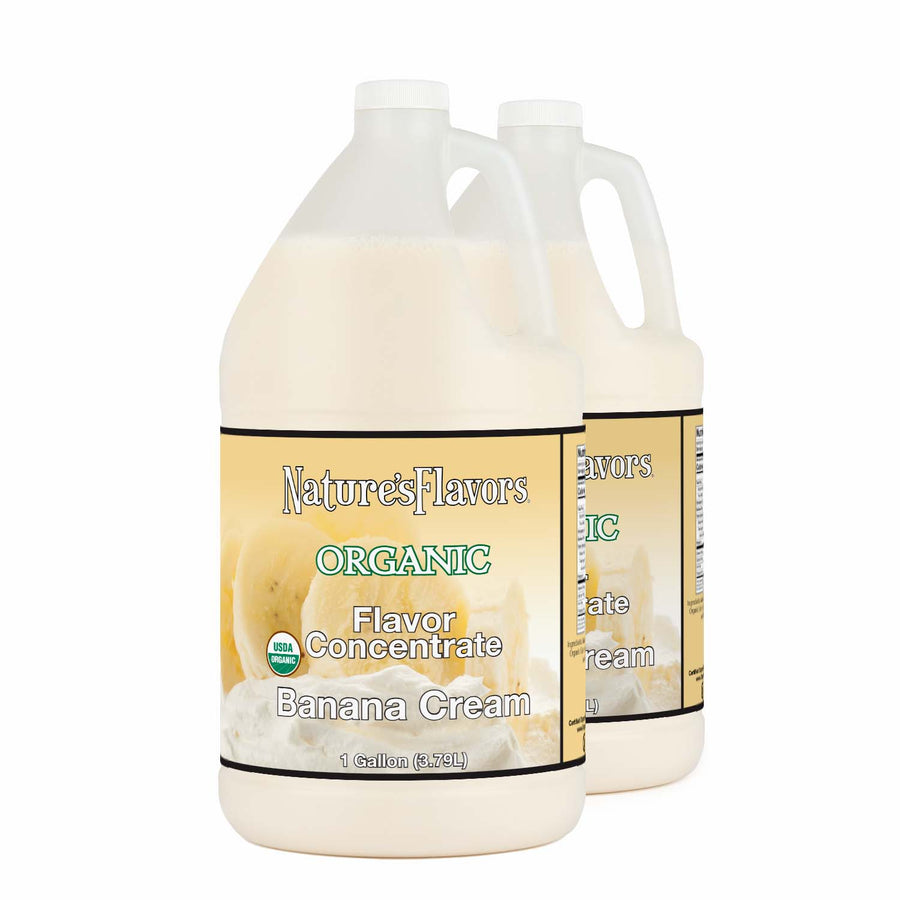 2 jugs labeled, "Organic Flavor Concentrate Banana Cream"