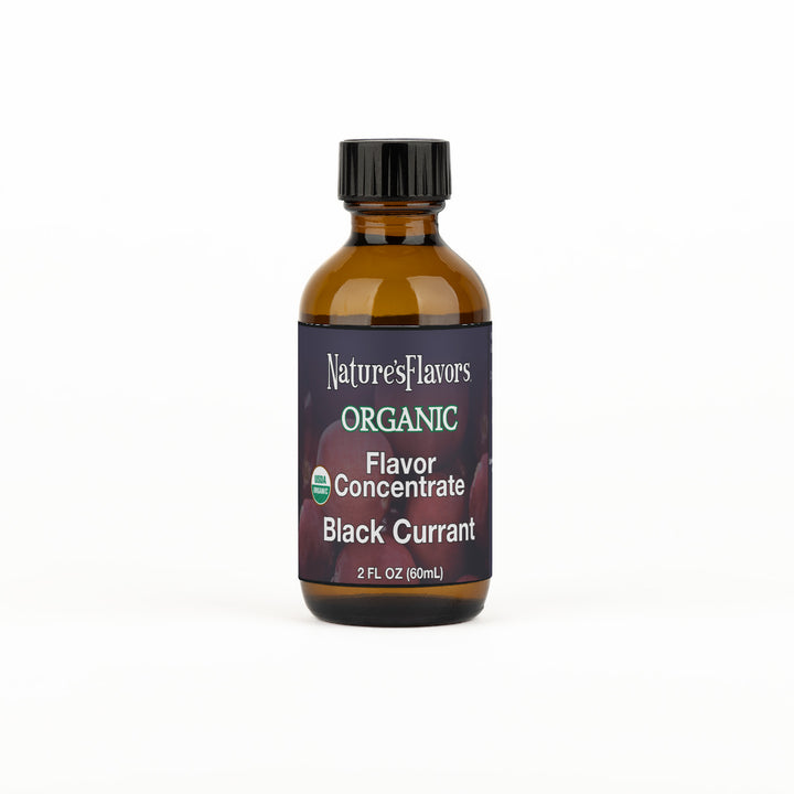 Bottle Labeled, "Organic Flavor Concentrate Black Currant."