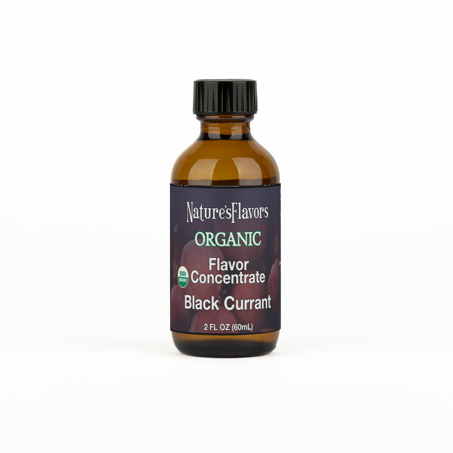 Bottle Labeled, "Organic Flavor Concentrate Black Currant."