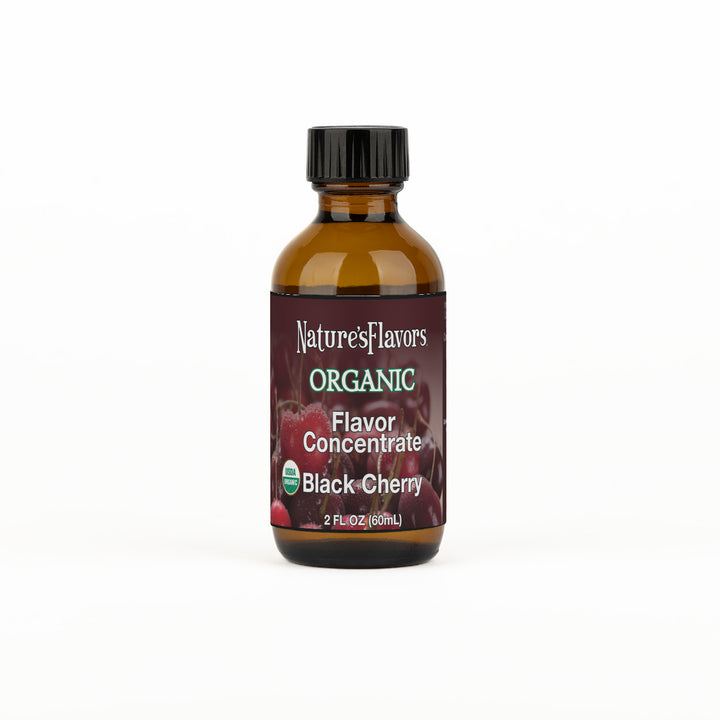 Bottle labeled, "Organic Flavor Concentrate Black Cherry".