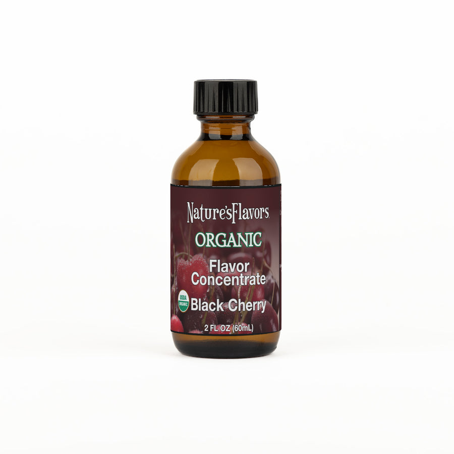 Bottle labeled, "Organic Flavor Concentrate Black Cherry".