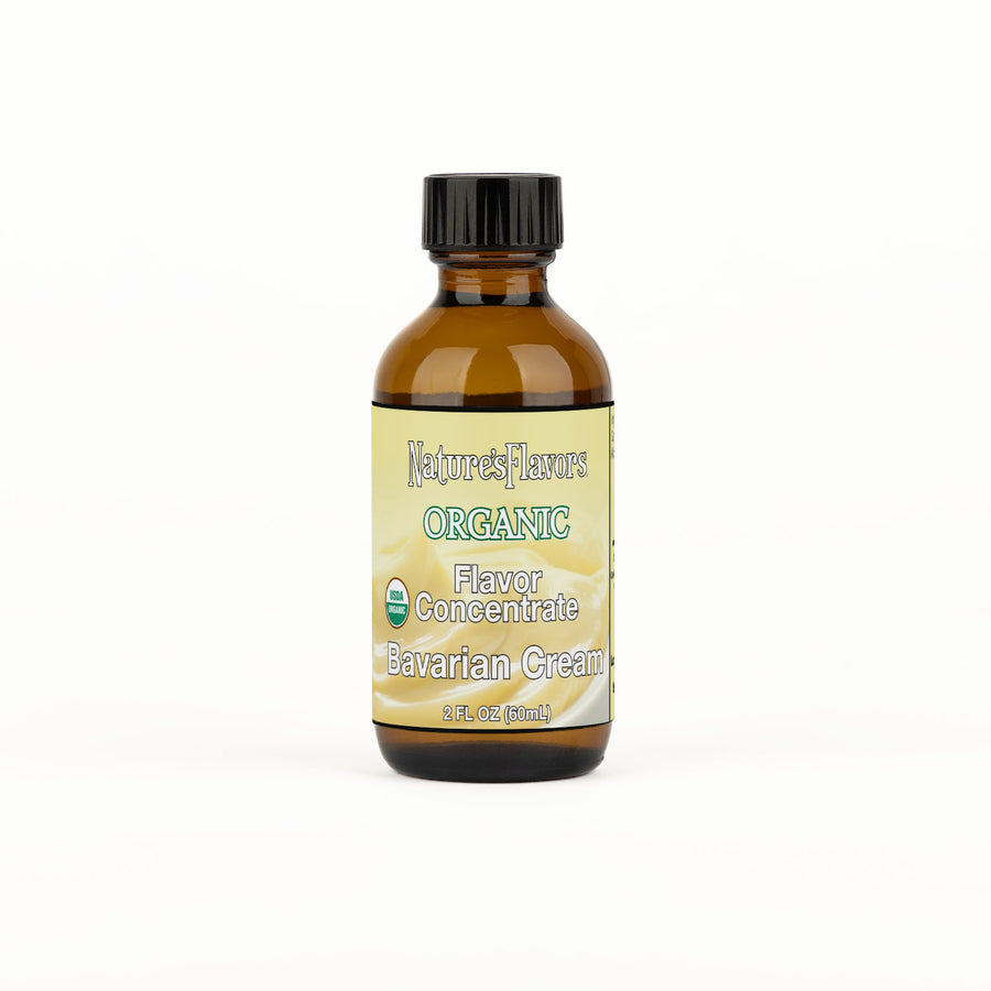 Bottle labeled, "Organic Flavor Concentrate Bavarian Cream"