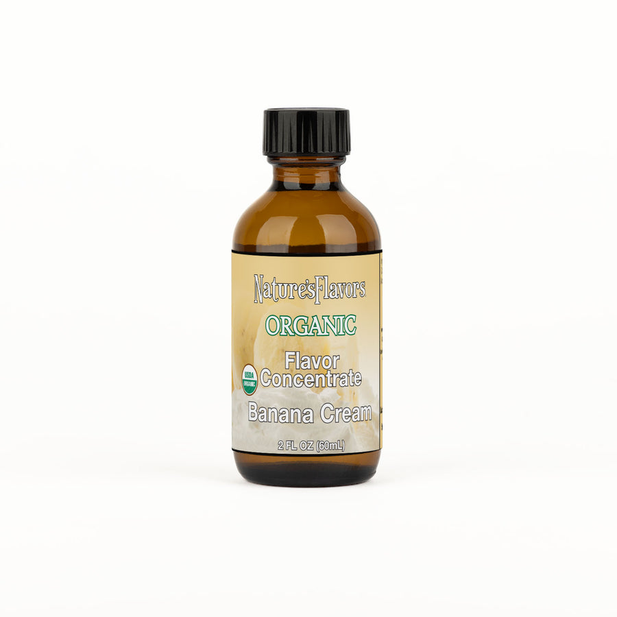 Bottle labeled, "Organic Flavor Concentrate Banana Cream"