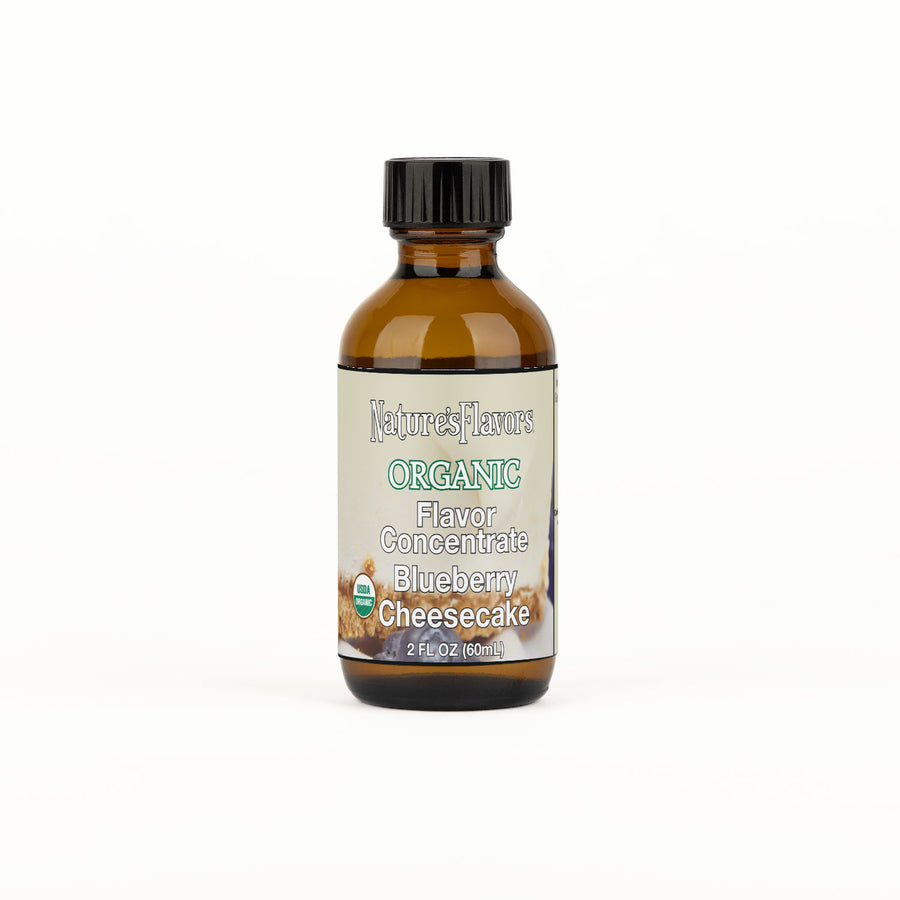 Bottle Labeled, "Organic Flavor Concentrate Blueberry Cheesecake"