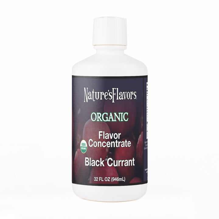 White Bottle Labeled, "Organic Flavor Concentrate Black Currant."
