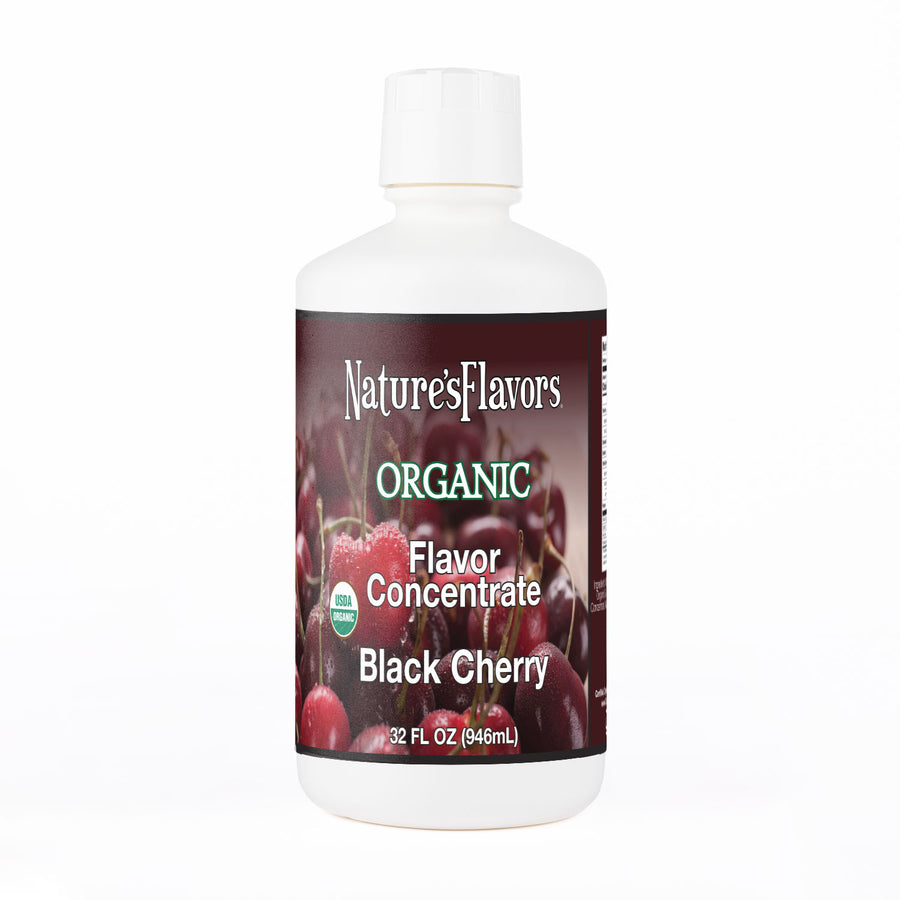 White Bottle labeled, "Organic Flavor Concentrate Black Cherry".