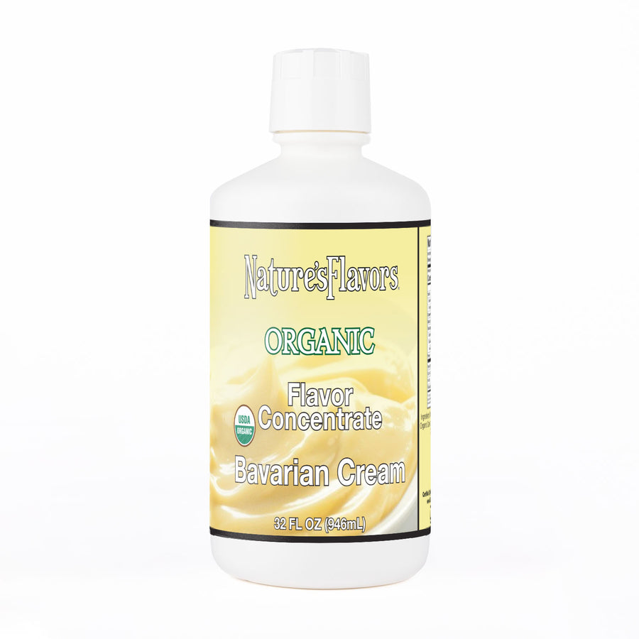 White Bottle labeled, "Organic Flavor Concentrate Bavarian Cream"