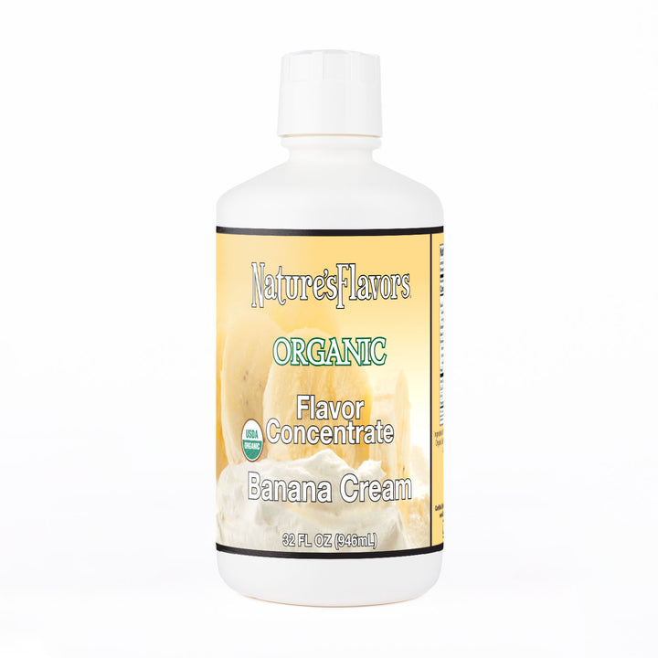 White Bottle labeled, "Organic Flavor Concentrate Banana Cream"
