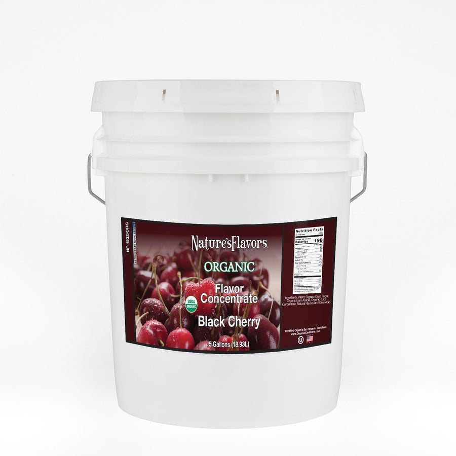 Bucket labeled, "Organic Flavor Concentrate Black Cherry".