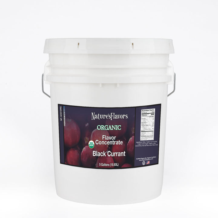 White Bucket Labeled, "Organic Flavor Concentrate Black Currant."