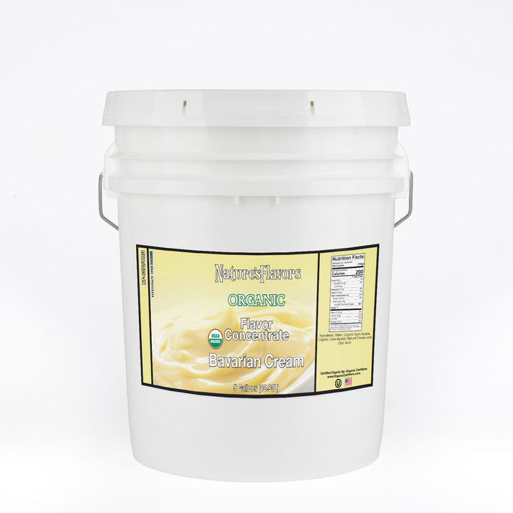 Bucket labeled, "Organic Flavor Concentrate Bavarian Cream"
