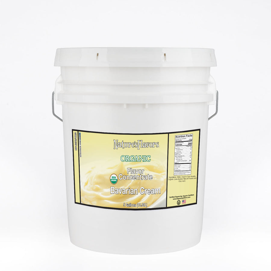 Bucket labeled, "Organic Flavor Concentrate Bavarian Cream"